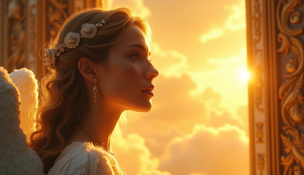 face of an angel facing forward entering the gates of heaven, beautiful bright gold colors, ultra realistic 4k, looking straight ahead