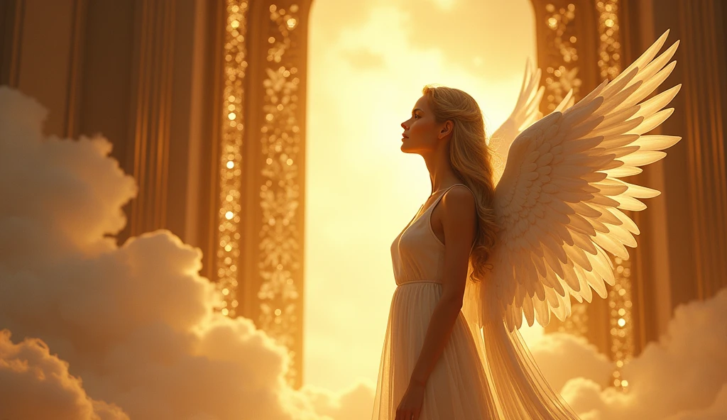 face of an angel facing forward entering the gates of heaven, beautiful bright gold colors, ultra realistic 4k, looking straight ahead
