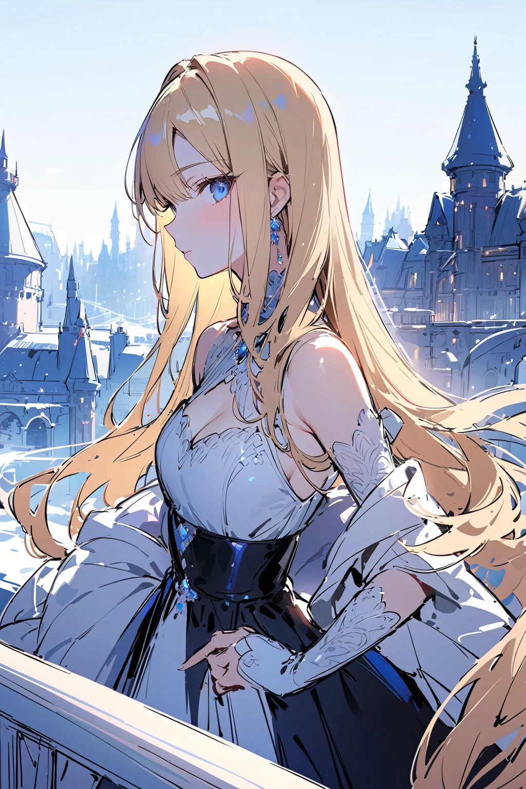 masterpiece, acura, 1girl, solo, elegant dress, long blonde hair, ice castle background, line drawing, looking at viewer, blank expression, blue eyes, profile-close up photogenic pose ((sketch)),from side,