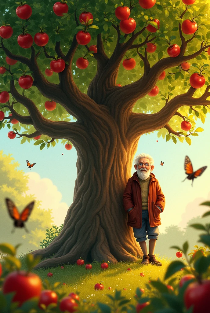Create a animation pic A apple tree talk with a old man