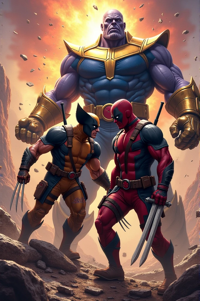 Deadpool versus Wolverine fighting and Hulk