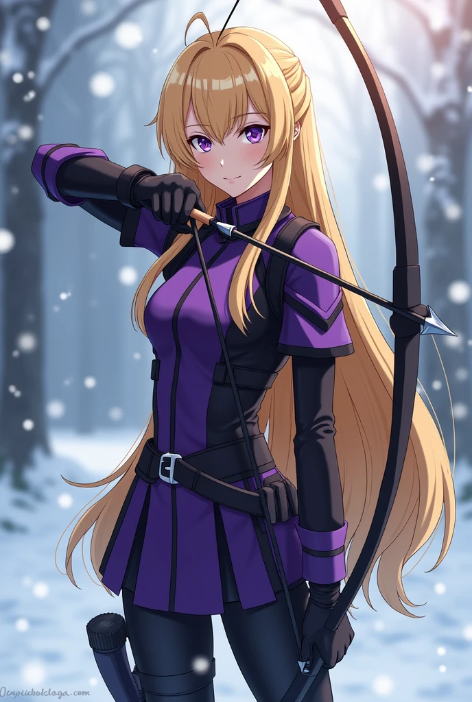 1 girl, ager, long blonde hair, purple eyes, female military clothing in purple and black, full body, standing holding a bow and arrow, illustration reference to the anime Akame ga Kill, background with falling snow