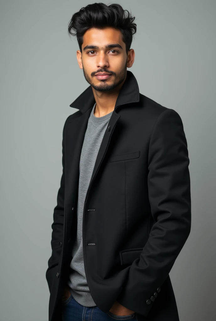 An indian nineteen year boy. Having silky hairs which somes on forehead  . Oval shaped face and and broad body and create this image in which only half body will apear . And also wearer a coat of office . Colour of is indian fair skin colour mixture of little yellow white and also having male broad body . No beard on face but mature face. And also normal hairs.also have some fat on face
