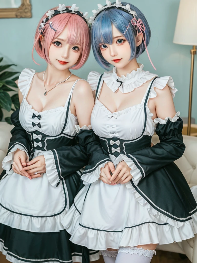 Accurate depiction with high resolution,(8K, Photorealistic, Raw photo, of the highest quality: 1.3), (1girl in), Super beautiful, (Realistic face), (boyish, pink Color Berry Shorthair), Beautiful , Glare that captivates the viewer, Beautiful expression, Beautiful breasts, (Realistic skin), Be...Create a detailed and colorful image of Ram and Rem from Re:Zero, standing back-to-back in their maid outfits, with a magical fantasy background、14years old, two girls,cute, perfect face, beautiful, nice body, gothic lolita clothes, gothic lolita fashion, frilly skirt, headdress, necklace, bracelet, knee-high socks, boots, double eyelids, tear bags, Detailed down to the fingers, photo-like description, indoors, dim indoor lighting, one girl is pink hair and short bob, another girl is light blue hair and short bob,standing,whole body, composition that shows the whole body, smiling,The Both of them are wearing the same type of maid outfit,Optimal ratio of 4 fingers and 1 thumb,walking