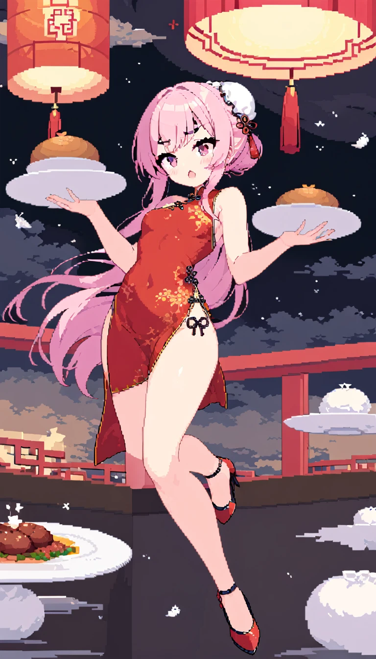 masterpiece, Highest quality, 8k, Pixel art, Pixel art, Vivid, ((1girl)), young woman, ((The plate is floating in the air, The plate falls out of my hand, The meat bun is floating in the air)), Panic, Sweating, cute, Turning at an angle, Open your mouth, Fluffy hair, Long Hair, Hair like sheep's hair, Pink Hair, eyebrow, 太いeyebrow, China dress, Chignon Cap, High heels, (Highest quality:1.0), (China Hotel)