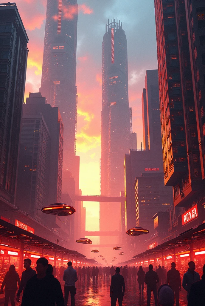 Imagine a futuristic landscape with a electric atmosphere, rendered in a impressionist style, using vivid reds and oranges.
