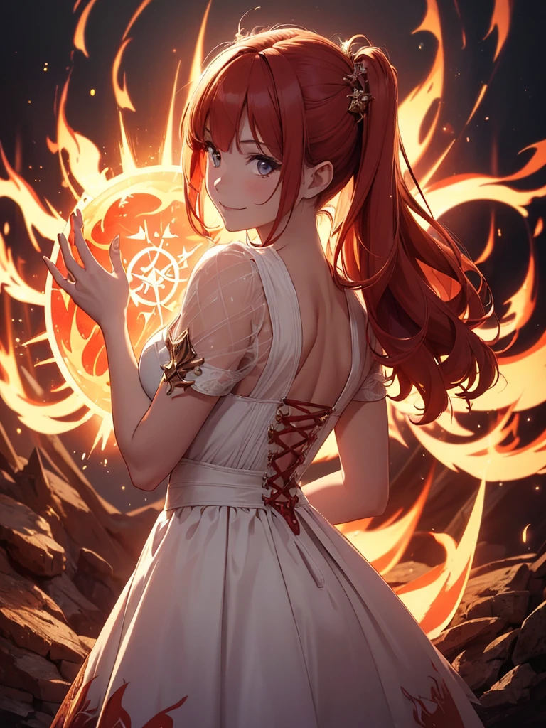 (((best quality, sharp image, clear image, cinematic lighting, 8k resolution, masterpiece, ultra detailed, intricate))) Girl, (((looking over left shoulder))), (shot from behind), ((shot from hip up)), fiery red hair, pigtails, ((white dress)), ((flaming sigils, flaming runes)), spiky rock formations, (flaming lotus flowers frame), (intricate background), ((Phoenix)), (swirling flames), smiling