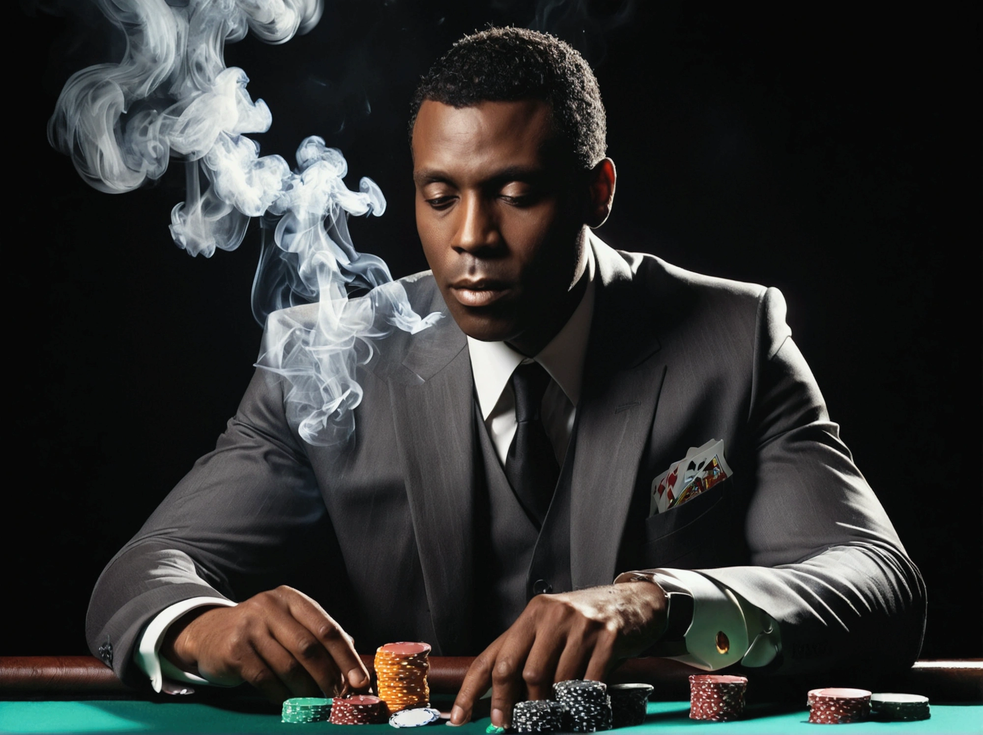 black man bad , cigarette with smoke , de casino , betting , cards and chips