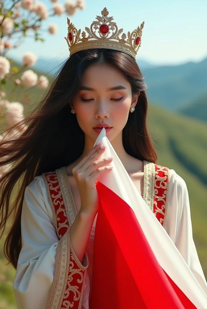 A beautiful woman kisses the red and white flag and wears traditional clothing with a crown.