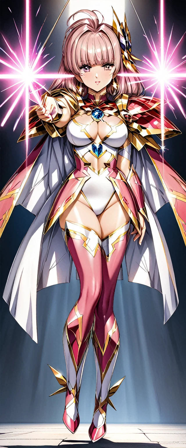 (Perfect Anatomy)、Mastepiece、Ultra High Quality、 8k、masterpiece、Highest quality、Ultra-high resolution、Maximum resolution、Very detailed、Professional Lighting、anime、woman、thin、so beautiful、Highly detailed eye、Highly detailed face、Golden earrings、Pink Hair,、Pink eyes、Detailed costume patterns、Big breasts、Blue jewel on chest, makeup, eyeliner, eye shadow, pink cheek, pink lips, upper arm pink armor, white leotard, pink pattern, full body, magical girl, Angel Girl, Are standing, pink thigh high stockings, white super long boots, pink gauntlet, high heels, blunt bangs, Hime cut, bridal hair accessory, paladin robe, (((Firing arrows of light with a magic staff)))