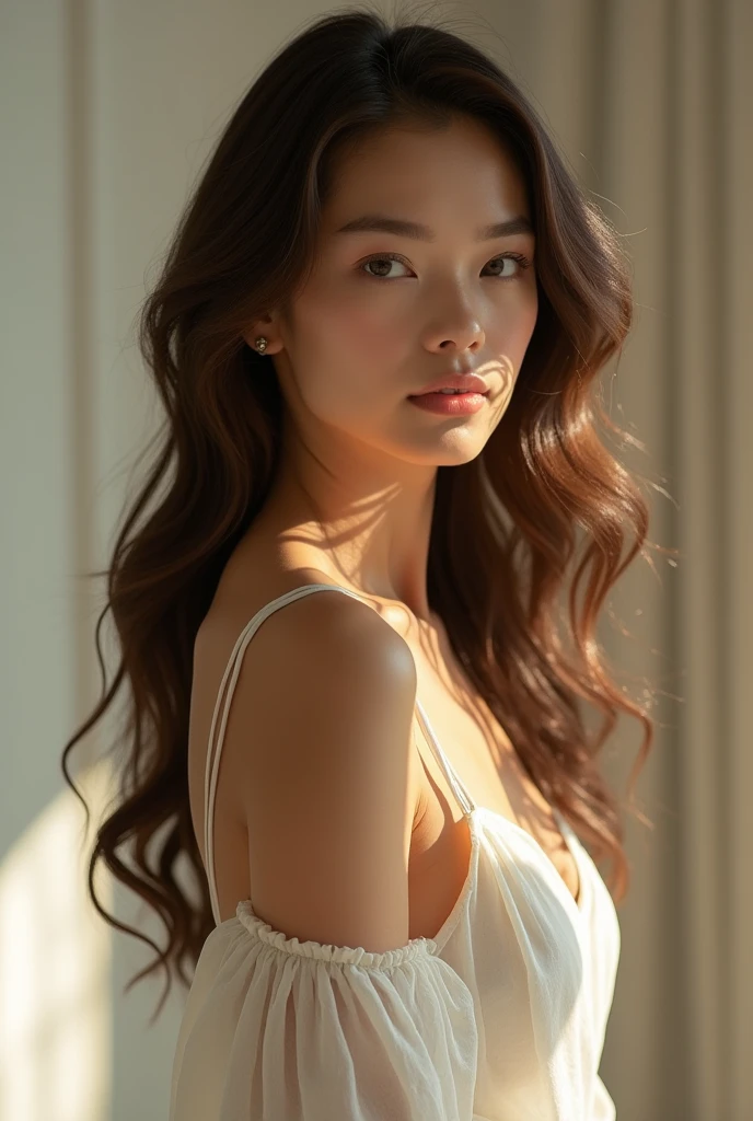 A cinematic, flawlessly framed portrait shot of a breathtakingly beautiful woman, with perfect balance and harmonious composition, every detail meticulously placed to capture her elegance and grace, in an iconic, timeless moment of sublime perfection, soft, natural lighting highlighting her features, with a masterful use of negative space, evoking a sense of awe and admiration, Photorealistic