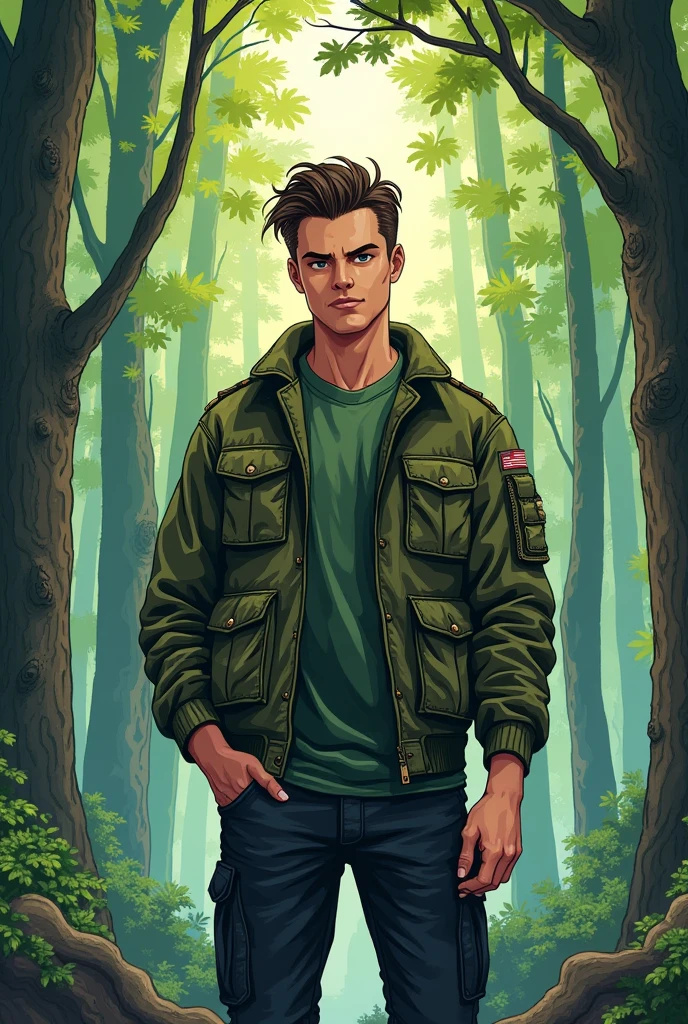 Draw a 19-year-old man in a light black manga style wearing 90s military clothing, light green eyes, In the background of the image, place a forest., slicked back and short hair
