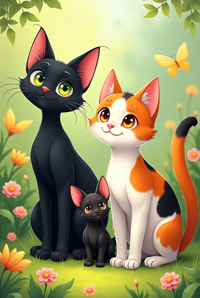 a frajola cat, a tri-color cat and a small black pinscher side by side