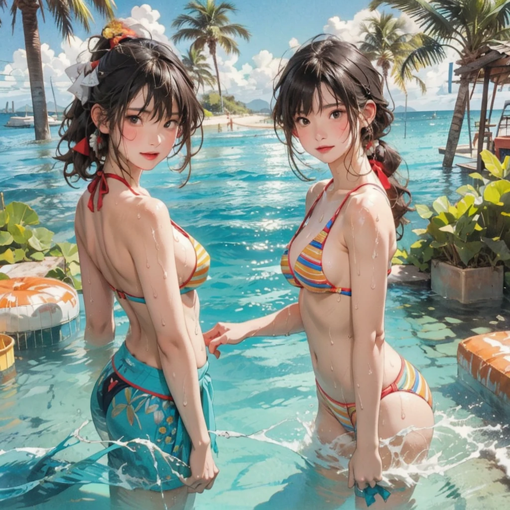 ((highest quality, masterpiece, High resolution)), ((reality)),Photos of beautiful Japanese women,((anime art))、 (((1 girl))), normal size breasts, slim body shape, long ponytail,double eyelid, Wet see-through micro bikini, A pareo with bold ethnic patterns and plenty of primary colors、(Brown skin:1.4),realistic skin、Wet,whole body,cinematic light、tropical、Against the background of palm trees on both sides、on a sunny beach、With the sea in the background、blur background、smile