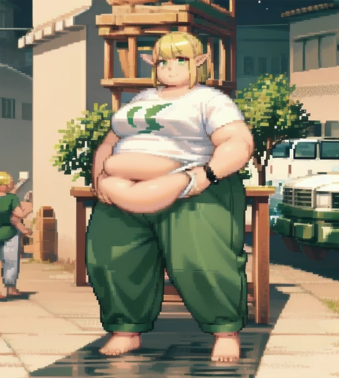 4K, high quality, 1 solo girl, detailed eyes, obese erufuda, short hair, pointy ears, blonde hair, (green eyes:1.5), perfect body, white shirt, green pants, barefoot, braid, big butt, big breasts, cute, thick thighs, squeezing the belly