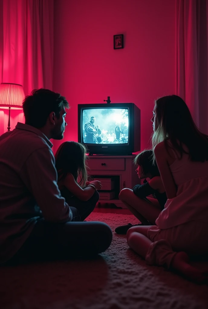 People scared watching violence at tv with color pink