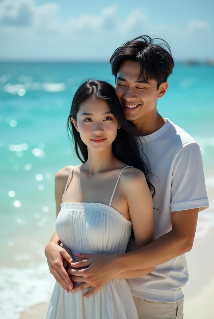 ((Highest quality, 8k, RAW Photos, masterpiece :1.3)), (Realistic、Realistic:1.37)、Very detailed、Ultra-high resolution, (Professional Lighting), ((From above:1.2)),((Full body photo)),日本人のwomanとmale、woman(18-year-old、Small breasts、Perfect Face、Beautiful expression、Beautiful Face、Beautiful Eyes、Nogizaka-style beautiful girl:1.4,Real-life beautiful girl、Beautiful black hair、Surprised expression、Sexy Sling Shot Swimsuit 1:3)、male(40s、Small、Shorts、Smirking expression),blue sea、White sand beach、((((standing doggy、womanを後ろから抱きしめるmale、maleはwomanの胸に触れる:1.3、maleはwomanの下腹部に触れる))))、caress、