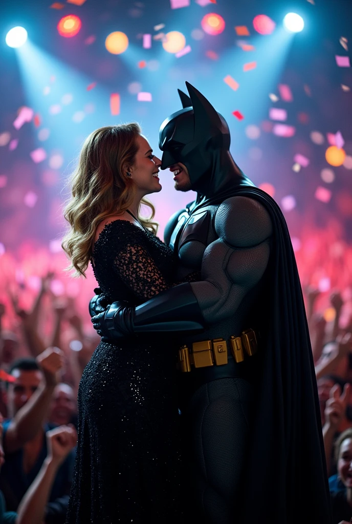 Make me an image of the artist Adele in Munich hugging Batman at a concert
