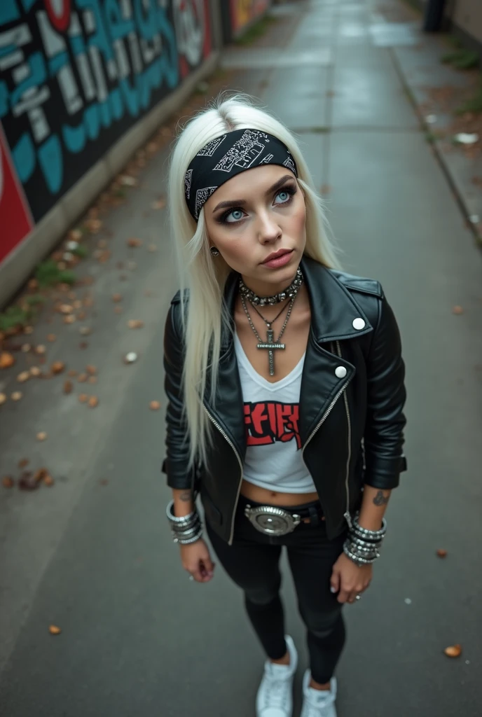 russian milf woman, biker gang member, platinum blonde hair (straight, middle part) with bandana headband, with very light blue eyes, extremely pale, heavy eye shadows. Sad face, smeared excessive make up and lipstick Wearing black moto jacket, cropped rock band t-shirt, skinny black jeans and white tennis sneakers . Lots of metallic bracelets and crucifix pendants. Tacky leather belt with oversized, excessive silver buckle. Hands in pockets Wide loop earrings. Looks up like talking to God, mouth and eyes open