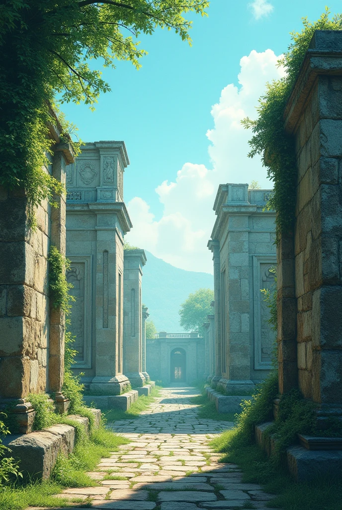 Imagine an ancient city with a calm atmosphere, rendered in a realistic style, using soft blues and greens.