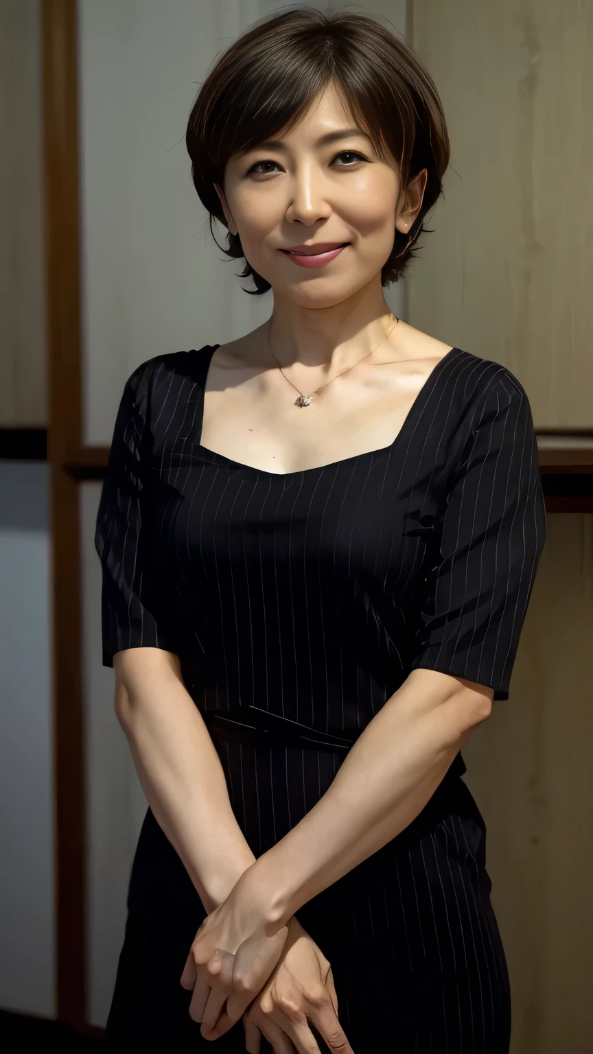 (Tabletop, Highest quality), A Japanese woman in her 40s is standing., Close-up photo focusing on upper body、Sexy black dress, necklace, Mushroom Hair, Beautiful Eyes, Open your mouth, Happy, Perfect slim fit body, Hotel lounge, Bright colors、Full Body Lesbian、