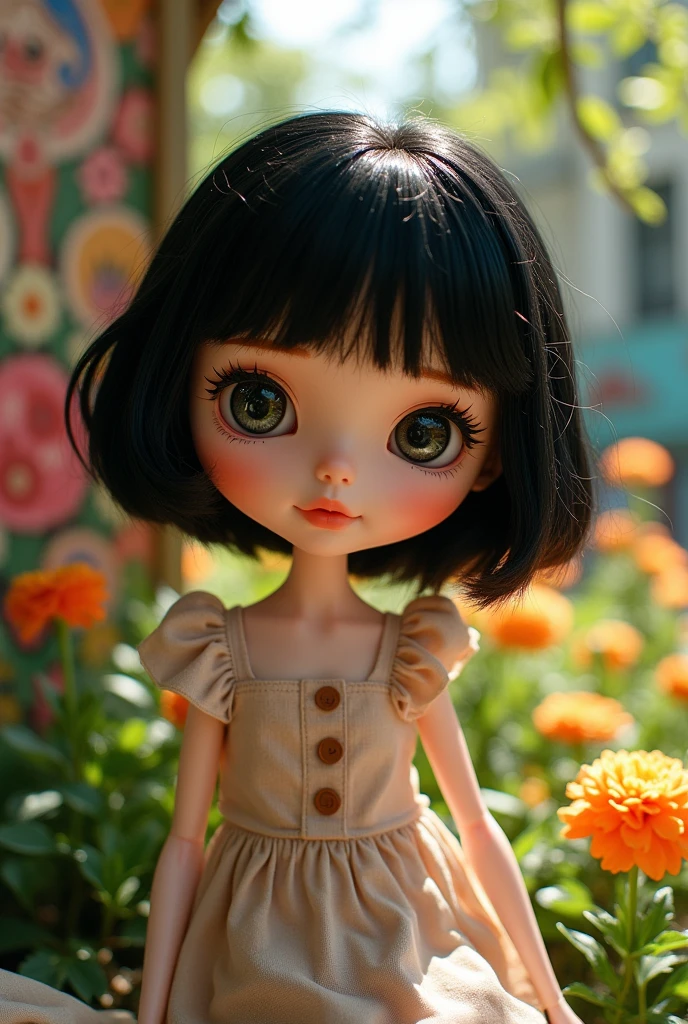 blythe doll with black slanted eyes, short wavy tomboy style black hair, let it be white skin 