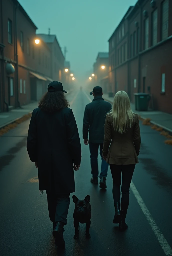 Ariel view of a man with long straight hair, a man with a backwards baseball cap, a blonde woman, and a dark brown French bulldog walking on a street by a warehouse at night, nightmare