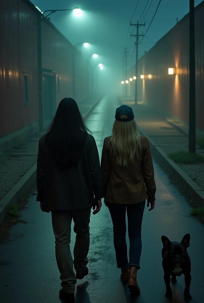 Ariel view of a man with long straight hair, a man with a backwards baseball cap, a blonde woman, and a dark brown French bulldog walking on a street by a warehouse at night, nightmare