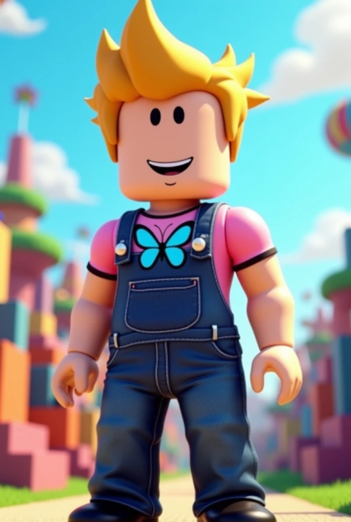A Roblox avatar with blonde hair, wearing overalls with a blue butterfly shirt and black pants.