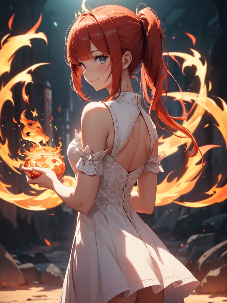 (((best quality, sharp image, clear image, cinematic lighting, 8k resolution, masterpiece, ultra detailed, intricate))) Girl, (((looking over left shoulder))), (shot from behind), ((shot from hip up)), fiery red hair, pigtails, ((white dress)), ((flaming sigils, flaming runes)), spiky rock formations, (flaming lotus flowers frame), (intricate background), ((Phoenix)), (swirling flames), smiling