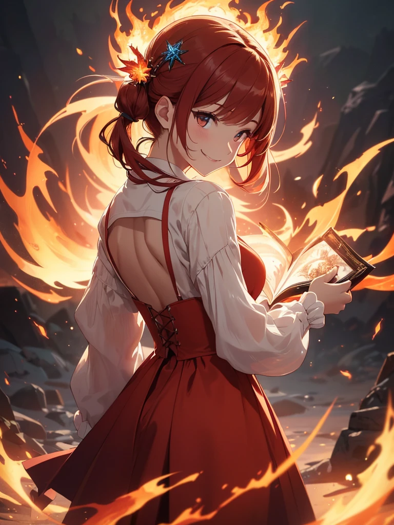 (((best quality, sharp image, clear image, cinematic lighting, 8k resolution, masterpiece, ultra detailed, intricate))) Girl, (((looking over left shoulder))), (shot from behind), ((shot from hip up)), fiery red hair, pigtails, ((white dress)), ((flaming sigils, flaming runes)), spiky rock formations, (flaming lotus flowers frame), (intricate background), ((Phoenix)), (swirling flames), smiling