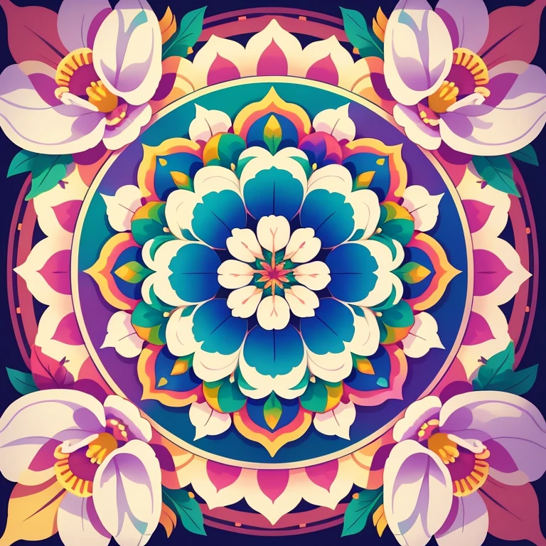 mandala illustration BACKGROUND white, circular with border, flower, rainbow field flower, rainbow colored flower, center orchids, 8k, brightness, nature, full picture uncut