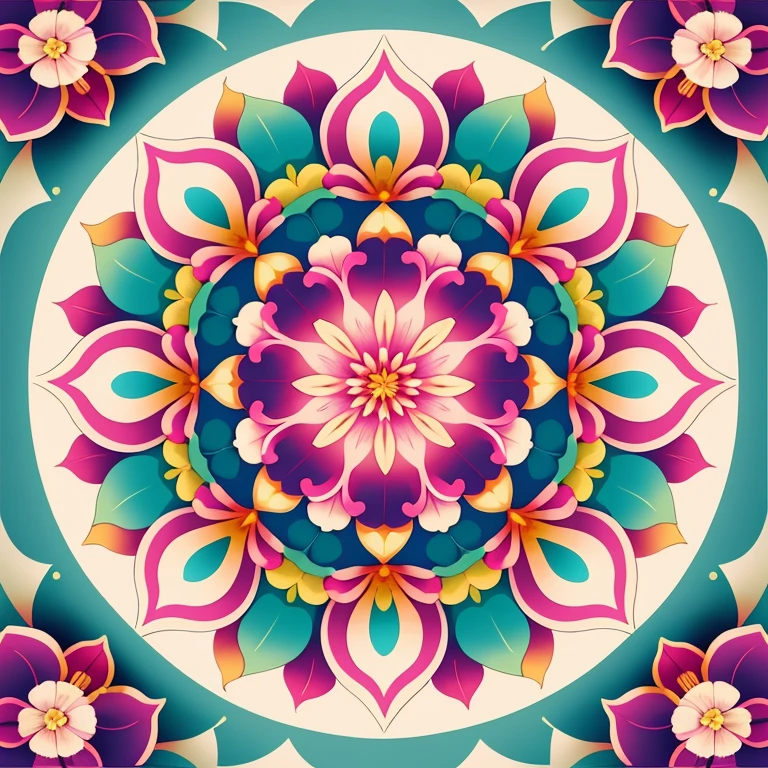 mandala illustration BACKGROUND white, circular with border, flower, rainbow field flower, rainbow colored flower, center orchids, 8k, brightness, nature, full picture uncut