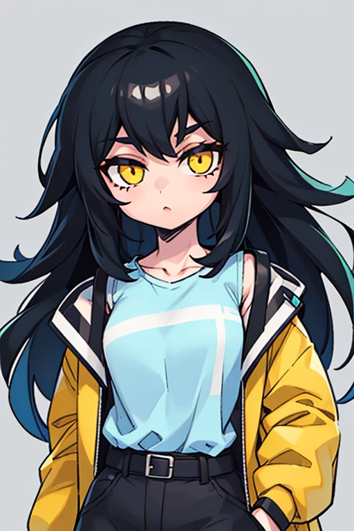 You can make a girl with black hair and yellow eyes, of clothing gray jacket, cyan shirt with white, that they like drawing