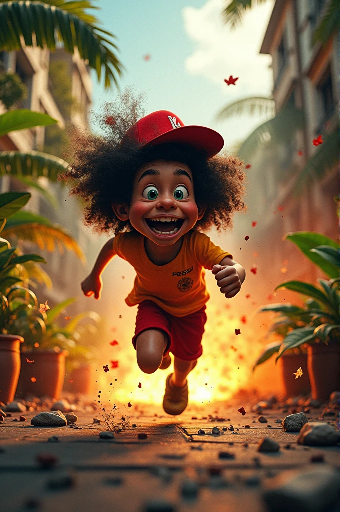 Oh Saci Pererê, from Brazilian folklore, running from a bomb explosion 
