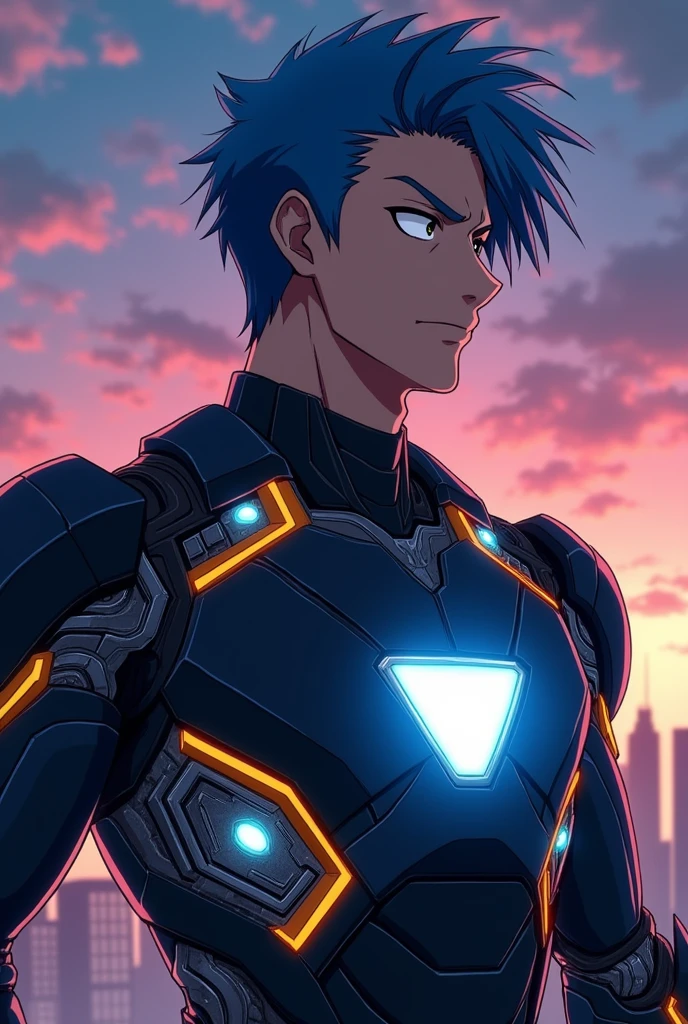 Make me a superhero whose suit is made of super advanced technology and looks like iron man and is an anime version
anime and his suit is matte black
and shiny gold and his emblem is shaped like a pentagon , but make it even more like iron man in anime version and look more like iron man