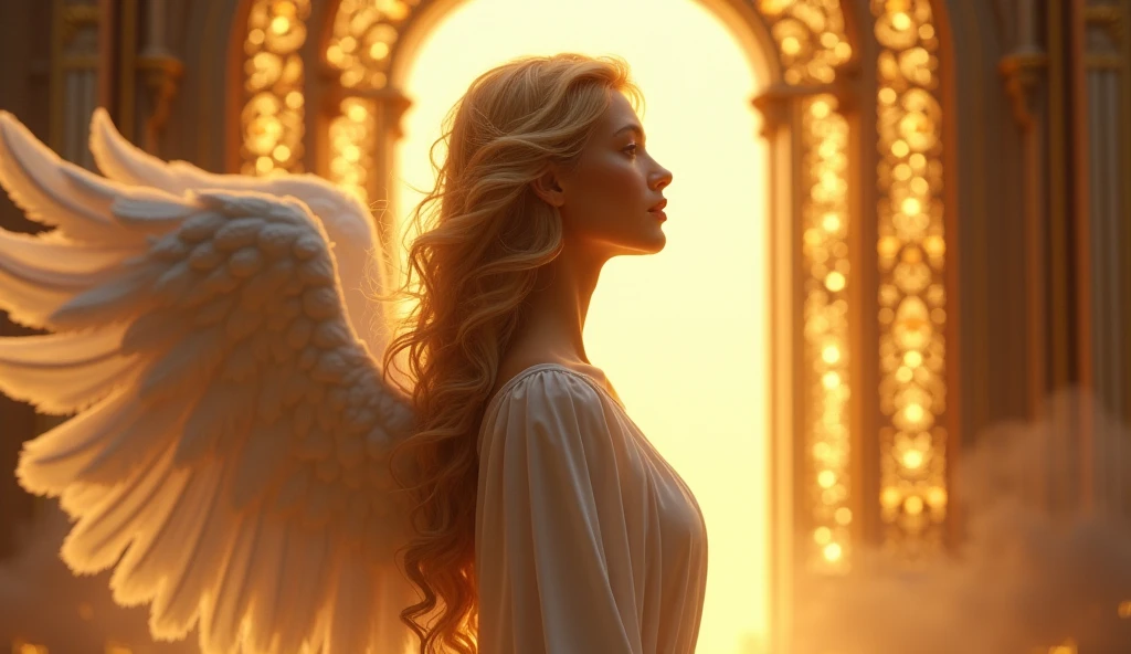 face of an angel facing forward entering the gates of heaven, beautiful bright gold colors, ultra realistic 4k, looking straight ahead