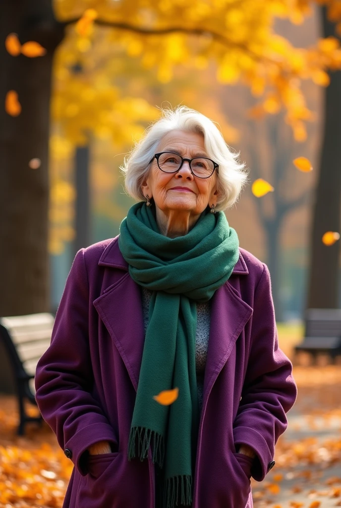 masterpiece, best quality, an old woman with glasses and a scarf on, wearing a purple coat and green scarf, standing at the park
