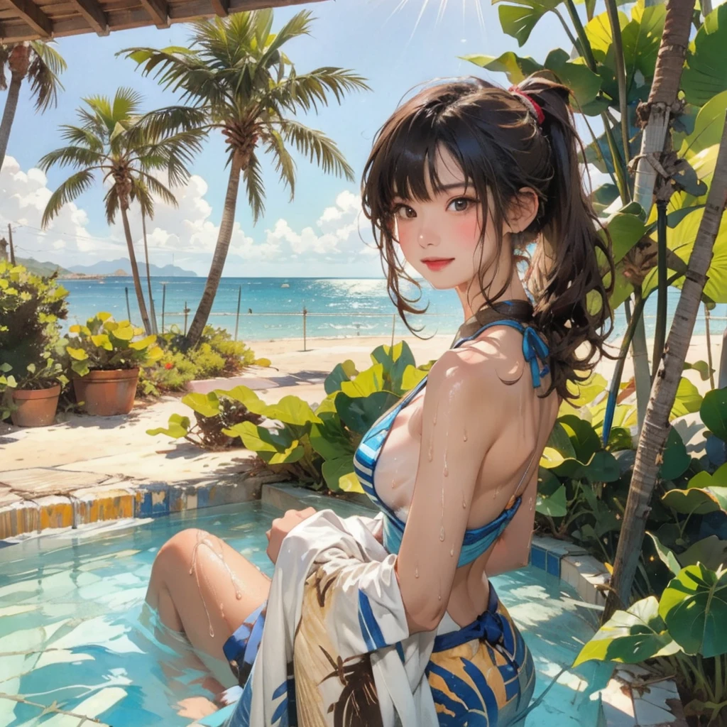 ((highest quality, masterpiece, High resolution)), ((reality)),Photos of beautiful Japanese women,((anime art))、 (((1 girl))), normal size breasts, slim body shape, long ponytail,double eyelid, Wet see-through micro bikini, A pareo with bold ethnic patterns and plenty of primary colors、(Brown skin:1.4),realistic skin、Wet,whole body,cinematic light、tropical、Against the background of palm trees on both sides、on a sunny beach、With the sea in the background、blur background、smile