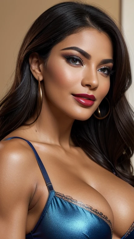 , your bra is falling., 55 years old, big and beautiful , long and perfect , Bblack hair,extremely muscular bodybuilder with perfectly pearly white teeth,realistic detailed lips, cute and adorable face, Impressive Muscles, Casual hair, muito bronzeado, left skin,Ultra-realistic portrait with bright makeup in cinematic style,using metallic blue eyeshadow and intense red lipstick.the skin is flawless with a luminous finish,and the lighting highlights the contours of the face creating a dramatic effect,perfectly hydrated and smooth lips,wearing vibrant lipstick,The texture of the lips is detailed,showing every curve and contour,with soft lighting that enhances the color and shine of the lipstick, the image is full HD, capturing the essence of sensual, well-cared-for lips with a neutral background that further highlights the intensity of the color,PARTY POUR WITH DEEP NECKLINE,FULL HD IMAGE OF THE FACE MADE UP STYLE L,loreal with shiny golden shadow thin eyeliner and light pink lipstick the soft and luminous skin with an illumination that enhances the makeup and facial structure.