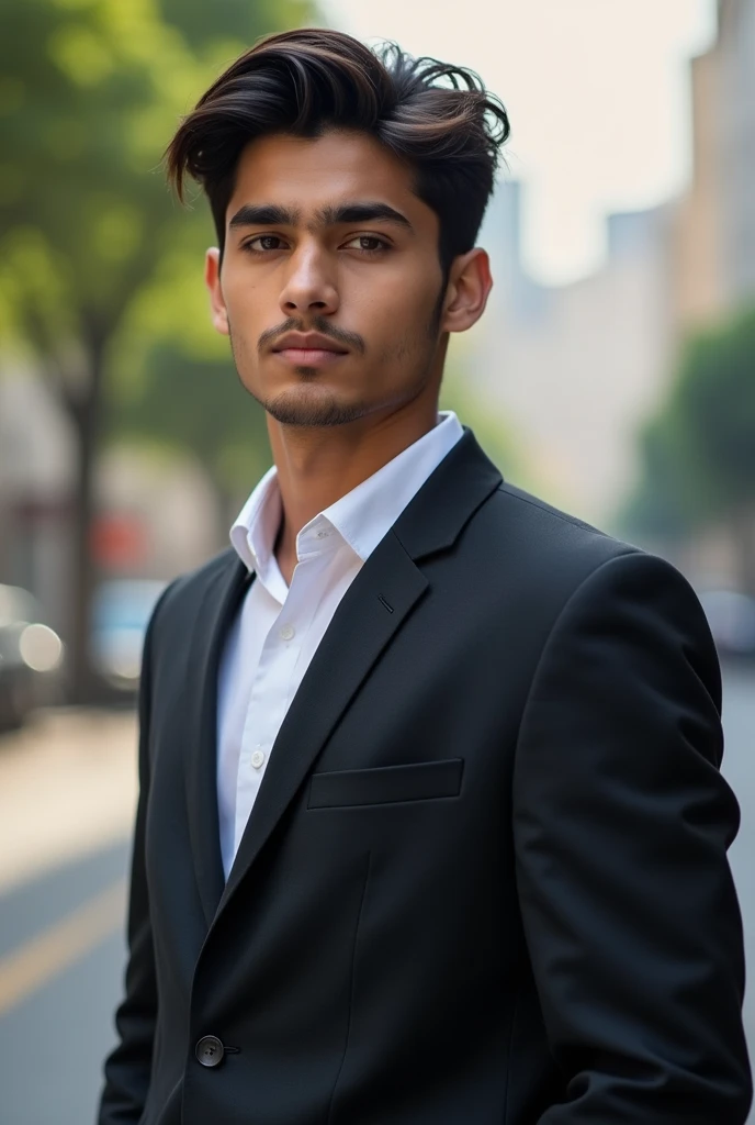 An indian nineteen year boy. Having silky hairs which somes on forehead  . Oval shaped face and and broad body and create this image in which only half body will apear . And also wearer a coat of office . Colour of is indian fair skin colour mixture of little yellow white and also having male broad body . No beard on face but mature face. And also normal hairs.also have some fat on face
And also have less volume of hairs