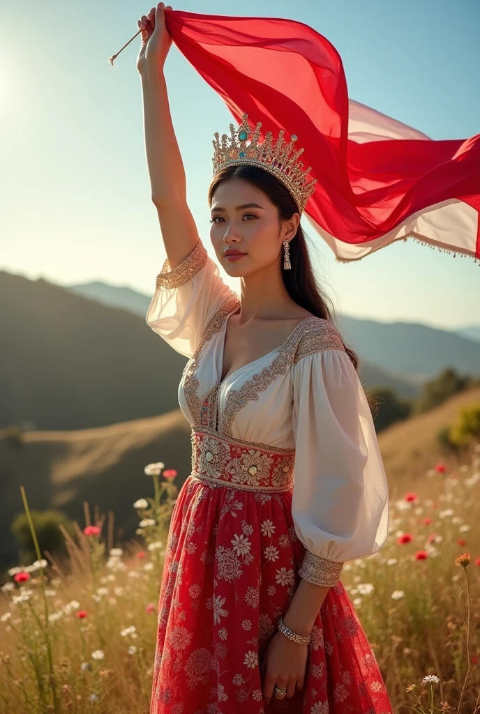 A beautiful woman holding the red and white flag, wearing traditional clothing with a crown.