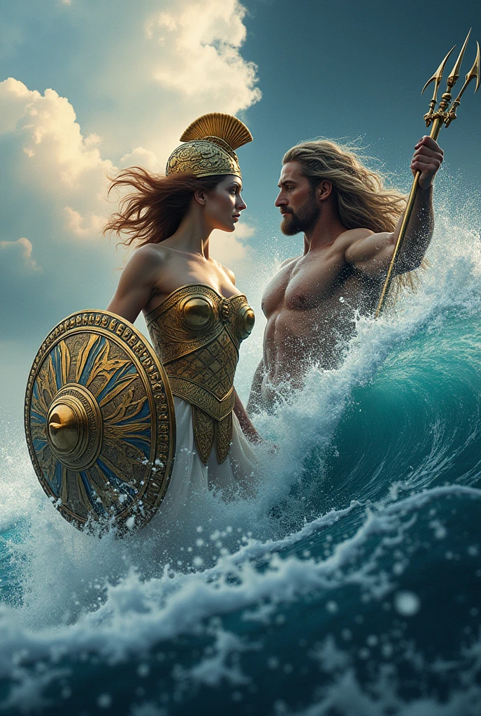 Create a wallpaper with the goddess Athena on one side with her shield and war helmet and on the other side Poseidon with waves around him.