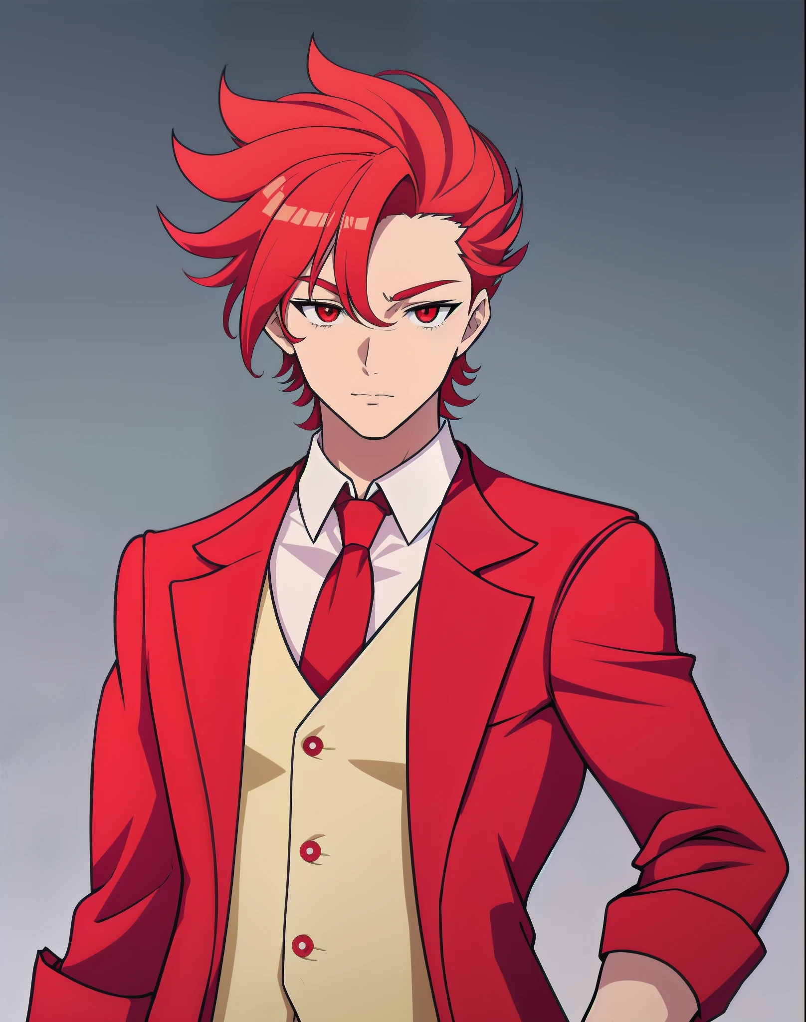 anime boy, red suit, red coat, (beautiful and aesthetic:1. 5), thick black lineart, clean lineart, perfect lineart, sharp lineart, best quality, high quality, best quality, ultra-detailed, HD,