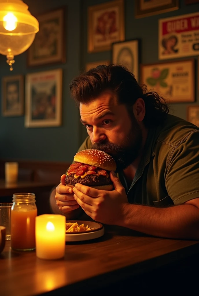 A man with thick moustache and mullet hairstyle eating burger in dim light restaurant