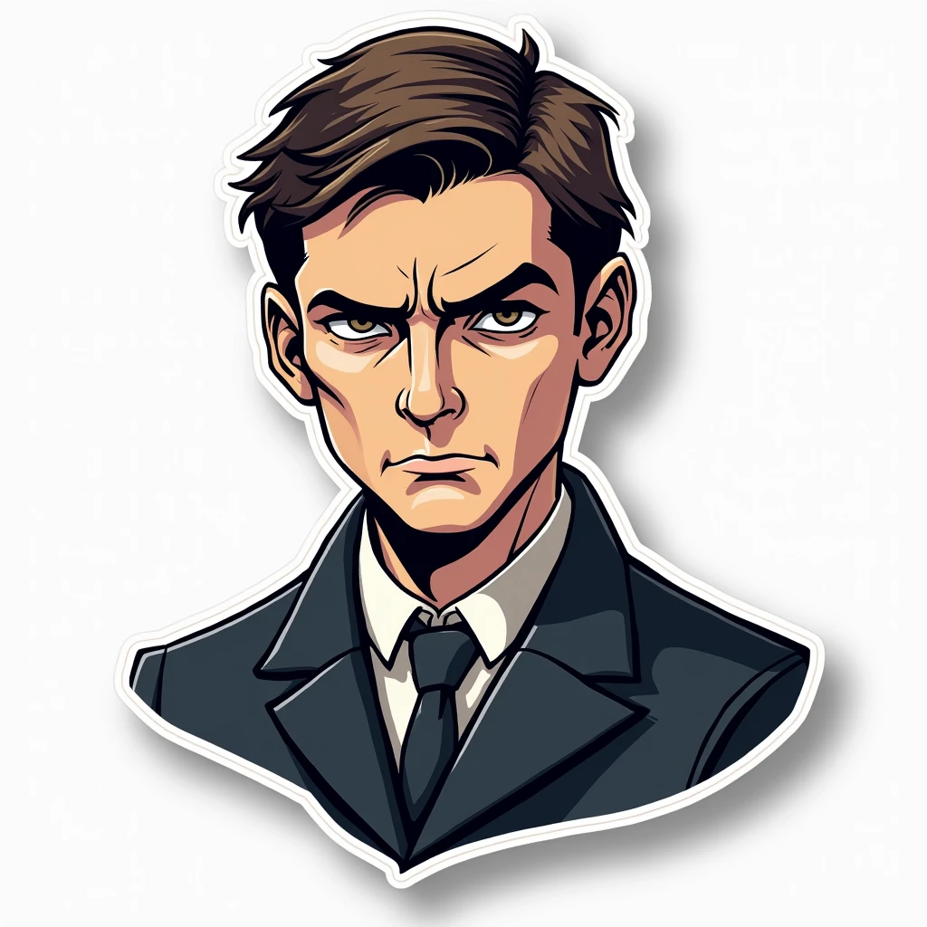 Sticker, determined and unyielding "Tommy Shelby", vector drawing, on a transparent background, sharp angle