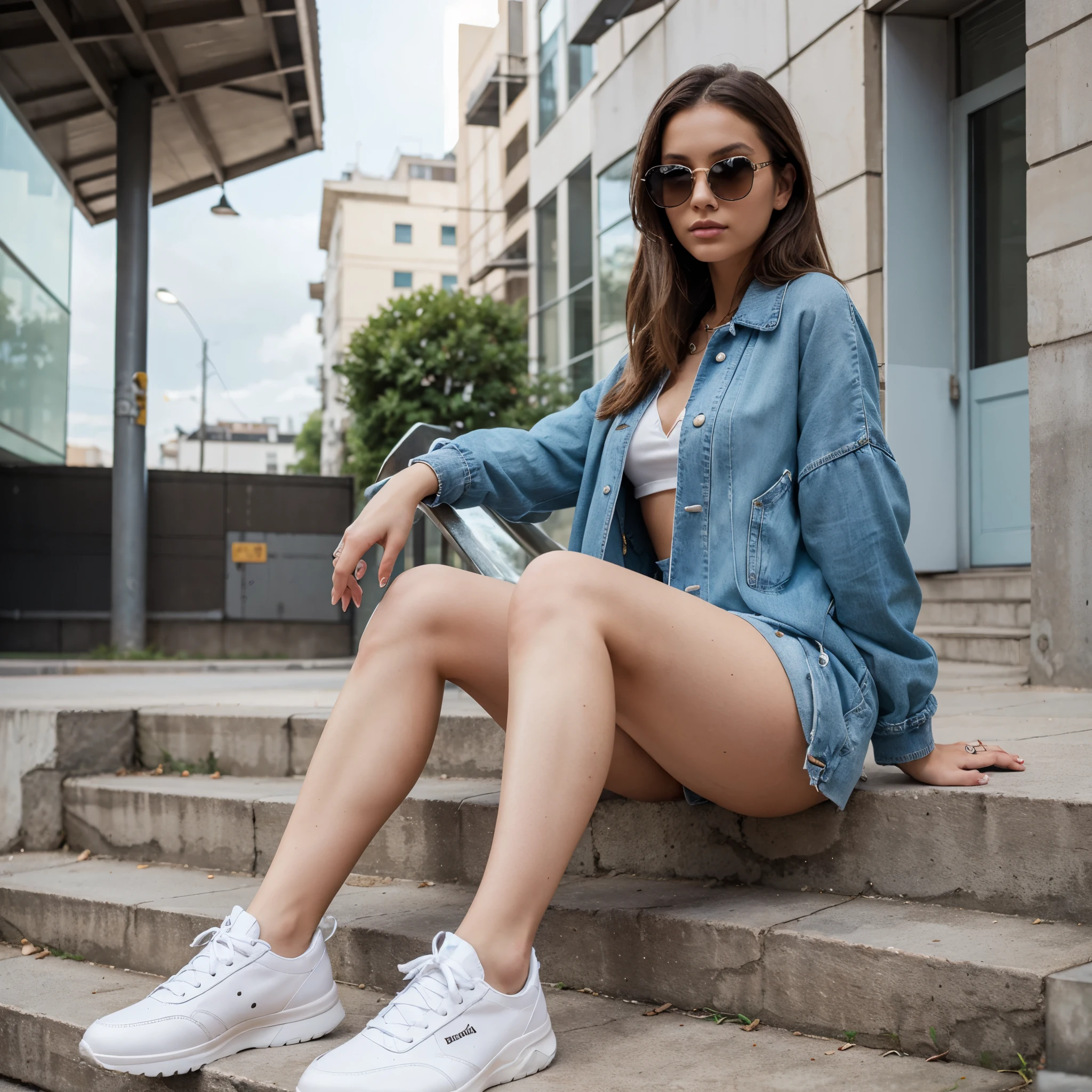 generated a full body of a 21 years old young white girl with dark brown hair, she wear a transparent dress that we see her medium chest throught the dress, sitting on a modern metal staircase outdoors, casually posing in a stylish outfit. She wears oversized sunglasses, a light blue denim jacket, and colorful chunky Balenciaga sneakers. Her relaxed posture and the urban setting, with blue skies in the background, create a cool, trendy vibe. The overall composition emphasizes a mix of street fashion and contemporary design