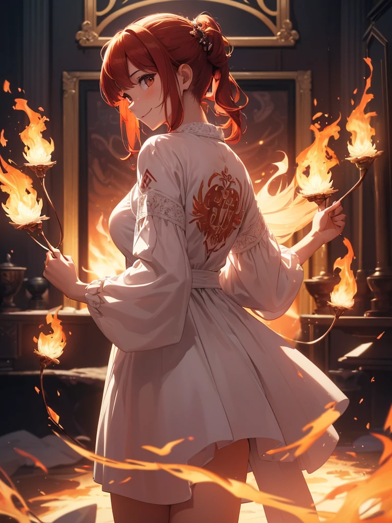 (((best quality, sharp image, clear image, cinematic lighting, 8k resolution, masterpiece, ultra detailed, intricate))) Girl, (((looking over left shoulder))), (shot from behind), ((shot from hip up)), fiery red hair, pigtails, ((white dress)), ((flaming sigils, flaming runes)), spiky rock formations, (flaming lotus flowers frame), (intricate background), ((Phoenix)), (swirling flames), smiling