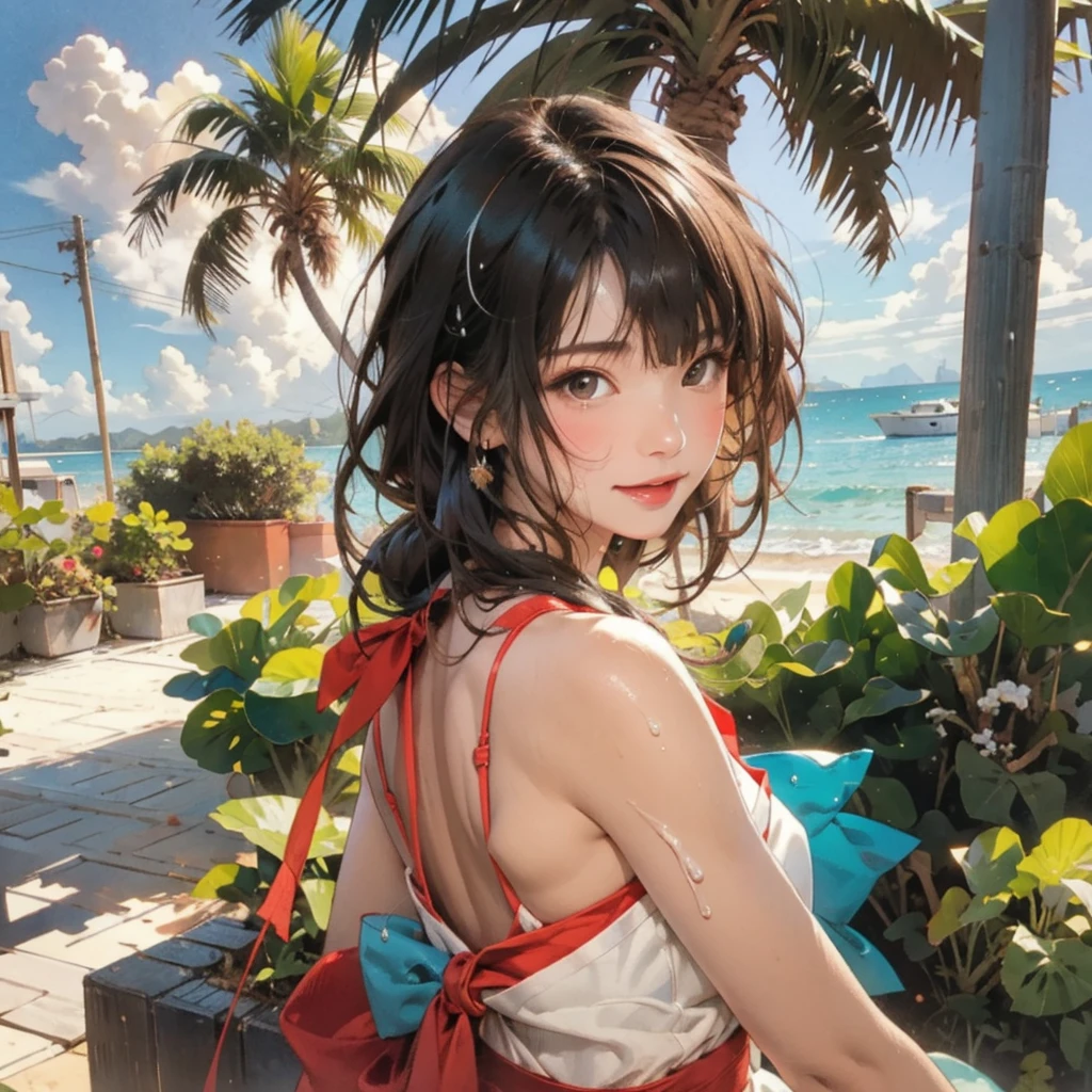 ((Masterpiece)), ((Best quality)), (perfect face), Young, nubile girl, wearing off shoulder swimsuit, wearing open back swimsuit, wearing ruffle swimsuit, wearing red swimsuit, wearing collar and leash, back to viewer, on a beach