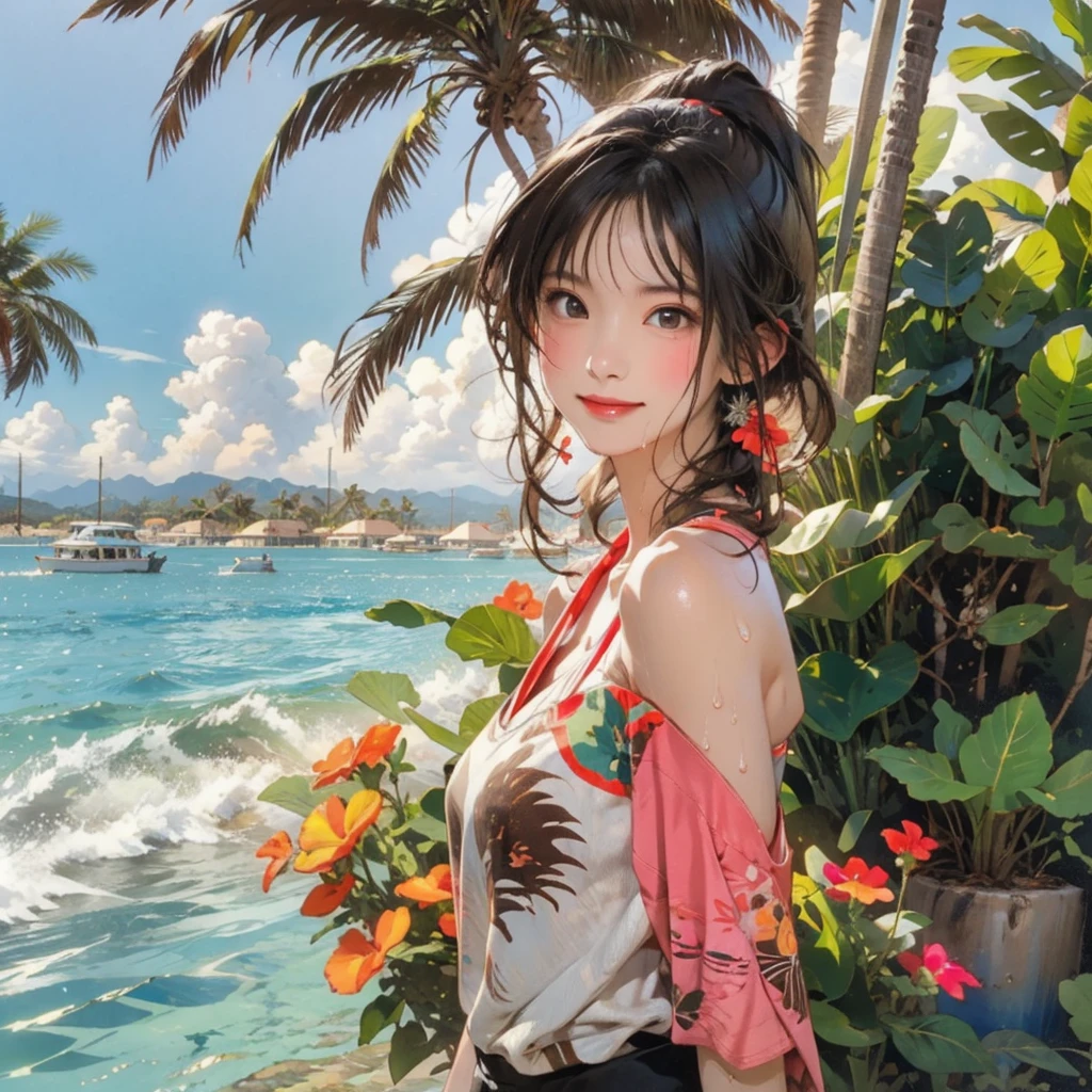 ((highest quality, masterpiece, High resolution)), ((reality)),Photos of beautiful Japanese women,((anime art))、 (((1 girl))), normal size breasts, slim body shape, long ponytail,double eyelid, Wet see-through micro bikini, A pareo with bold ethnic patterns and plenty of primary colors、(Brown skin:1.4),realistic skin、Wet,whole body,cinematic light、tropical、Against the background of palm trees on both sides、on a sunny beach、With the sea in the background、blur background、smile